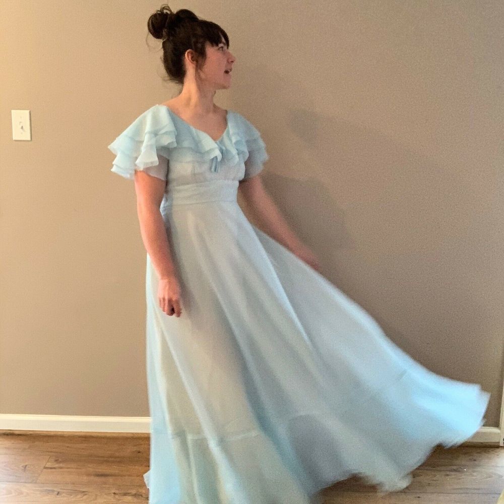 Vintage 1970s Prom Dress Formal Gown Blue Chiffon - Picture 8 of 8